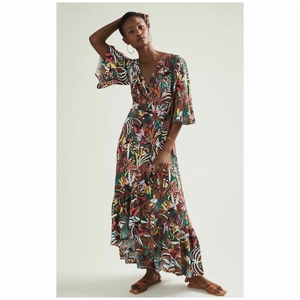 Anthropologie Farm Rio Long 3/4 Sleeve V-Neck Wrap Midi Dress Size Small NWOT